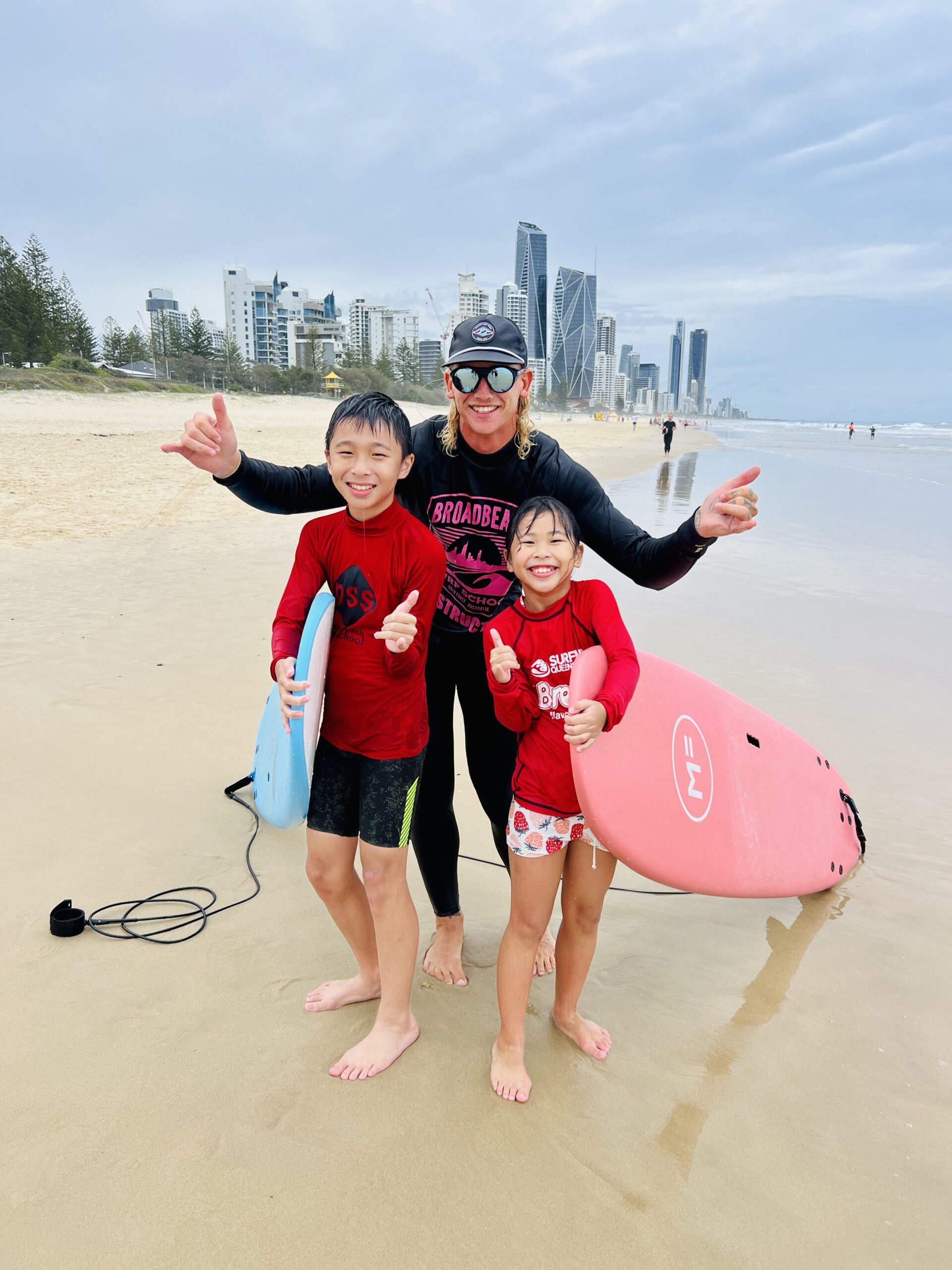 a group of people on a beach posing for the camera