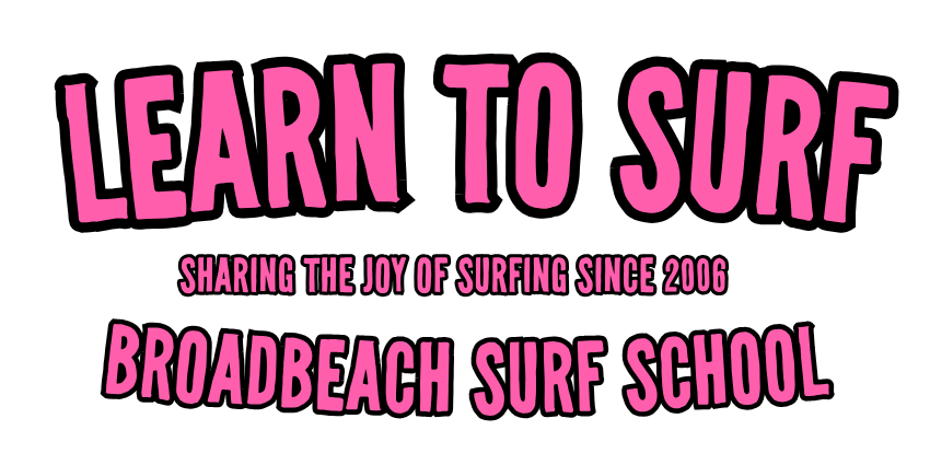 Pink text: Learn to Surf, Broadbeach Surf School, est. 2006.