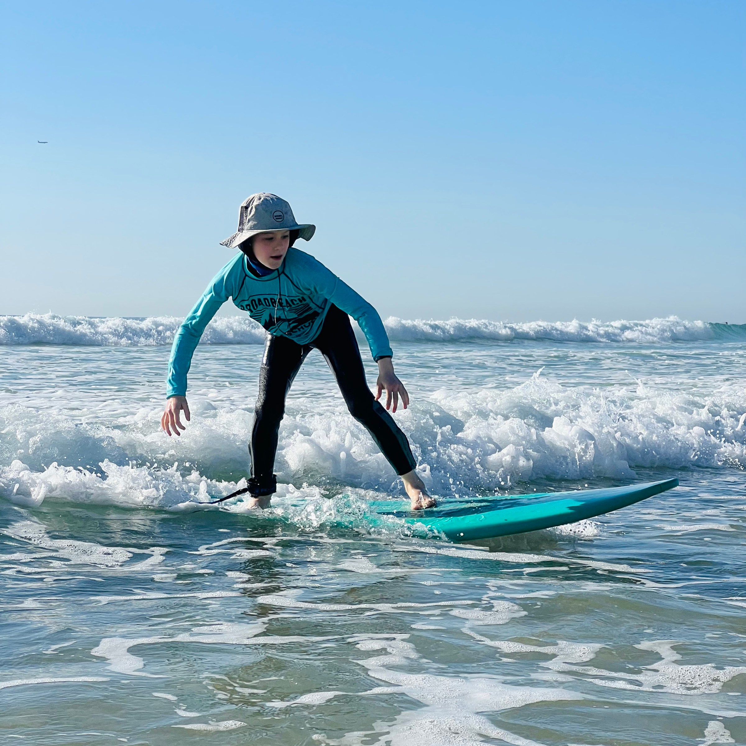 Person surfing on small waves wearing a hat and wetsuit.